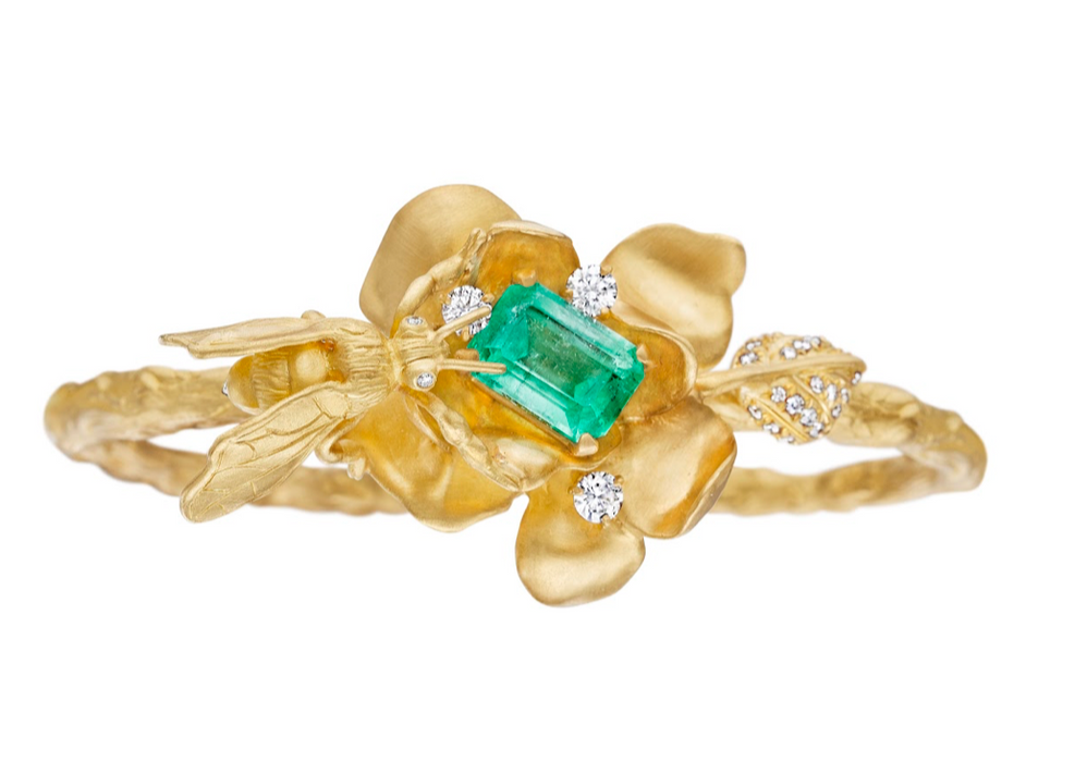 Emerald Flower Branch Bracelet with Bee