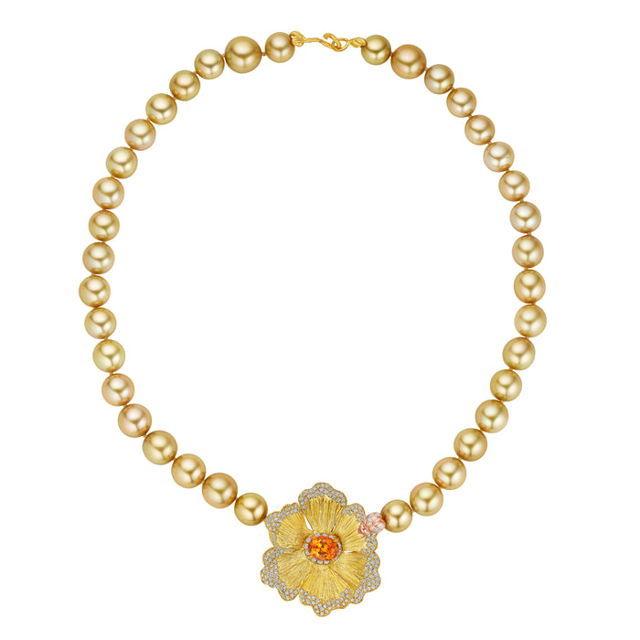 Mandarin Garnet Poppy necklace on Golden South Sea Pearls