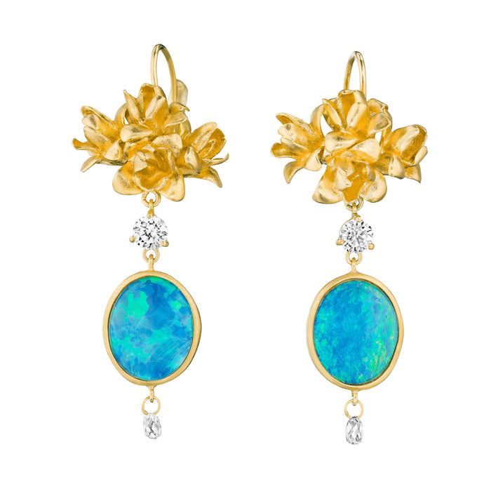 Flower Bud Cluster Drop Earrings with Opals and Briolette Diamonds