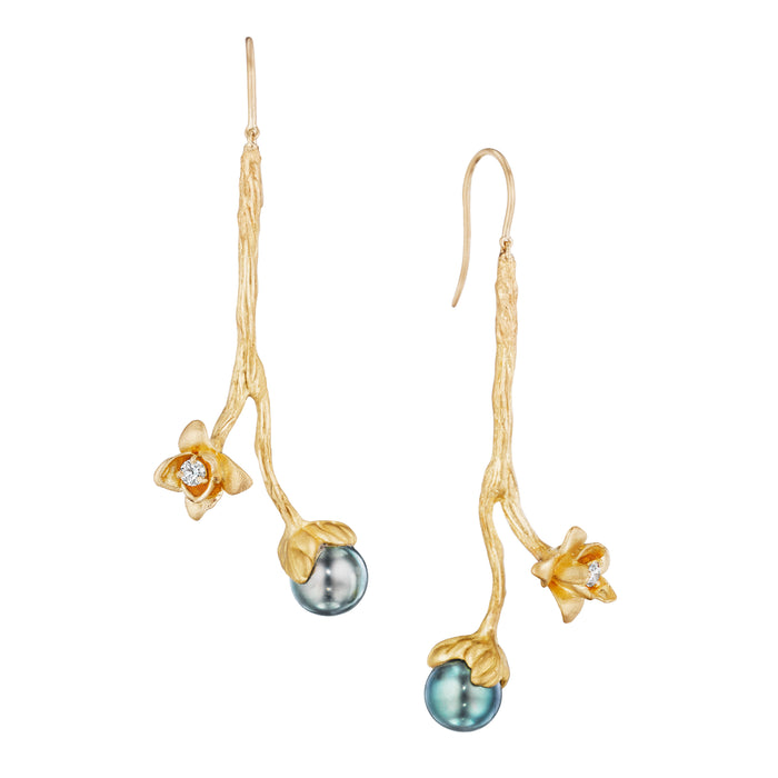 Flower Bud and Tahitian Pearl Earrings