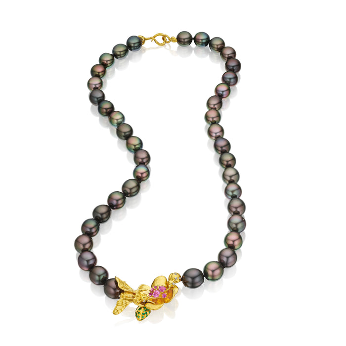 Tahitian Pearls with Cherry Blossom, Bee & Ladybug Necklace