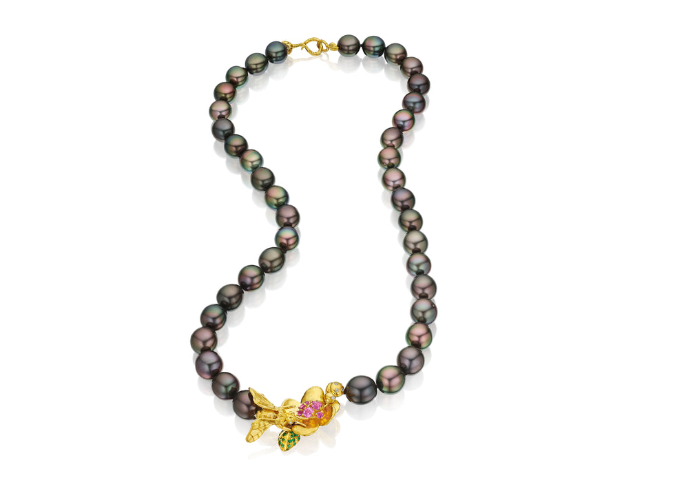 Tahitian Pearls with Cherry Blossom, Bee & Ladybug Necklace