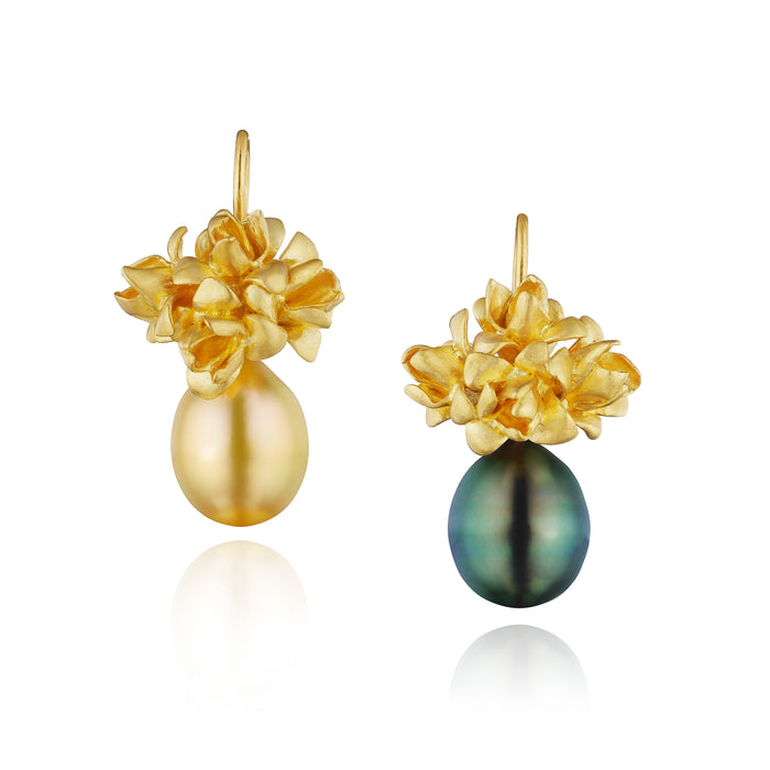 Flower Bud Cluster Drop Earrings with Tahitian and Gold Pearls