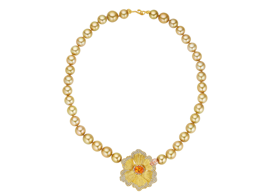 Mandarin Garnet Poppy necklace on Golden South Sea Pearls