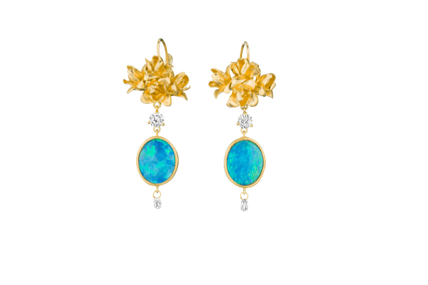 Flower Bud Cluster Drop Earrings with Opals and Briolette Diamonds