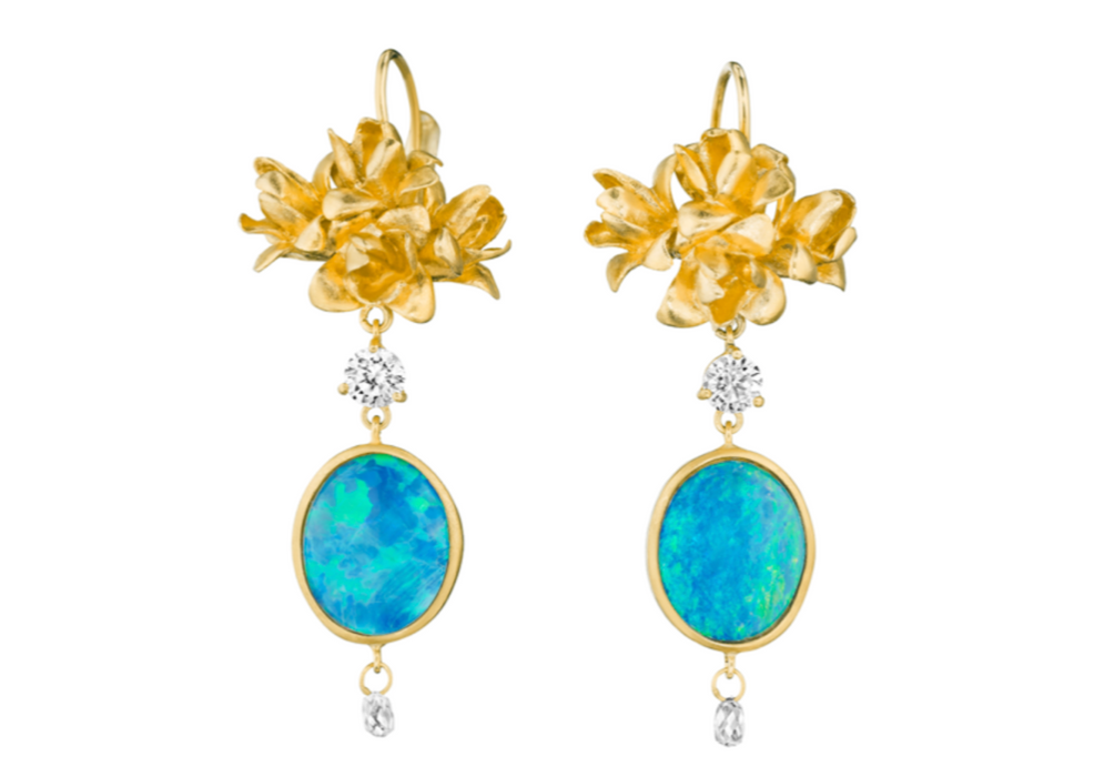 Flower Bud Cluster Drop Earrings with Opals and Briolette Diamonds